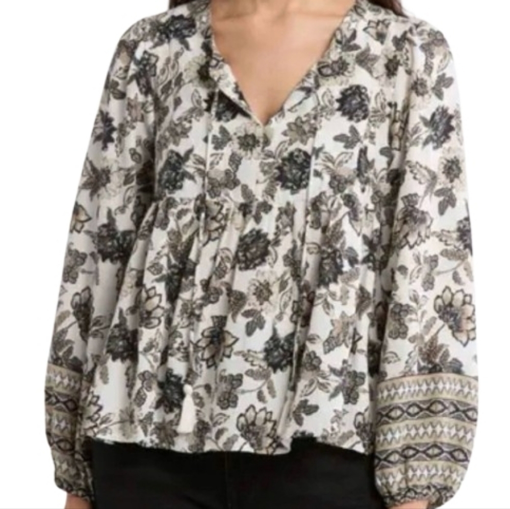 NWT Lucky Brand Cream/Tan/Black Floral Peasant Top Size S V-Neck With Tassels